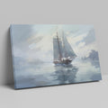 Framed canvas print of an impressionistic painting of a sailboat in a misty seascape setting