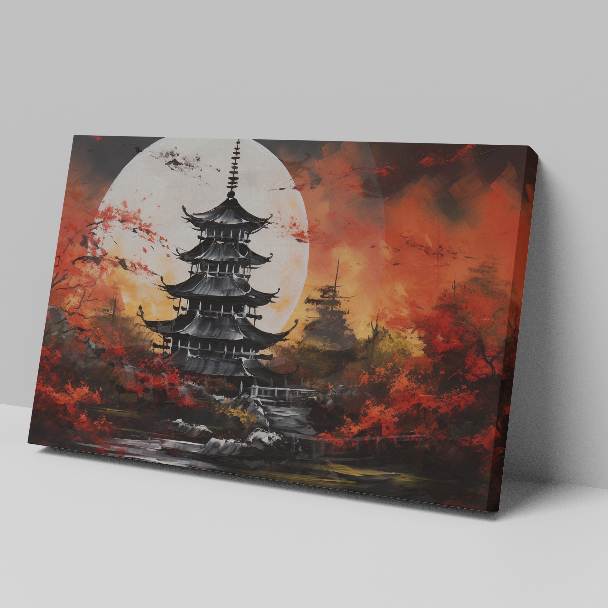 Framed canvas print of a traditional Asian pagoda under a full moon with vibrant autumn red and black colours