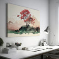 Framed canvas print of a serene cherry blossom tree amidst a minimalist mountain range