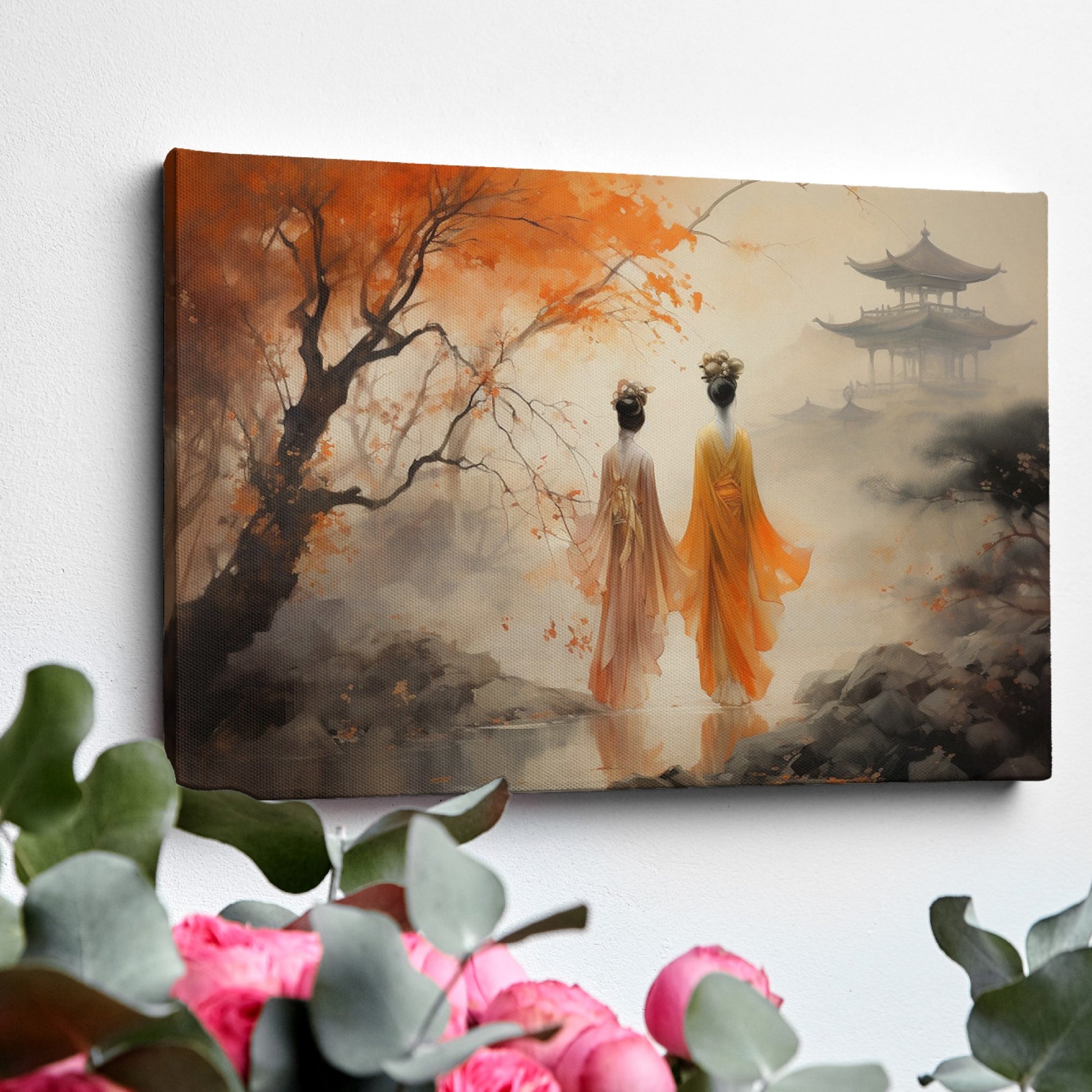 Framed canvas print of oriental scenery with two figures, autumn trees, and a pagoda