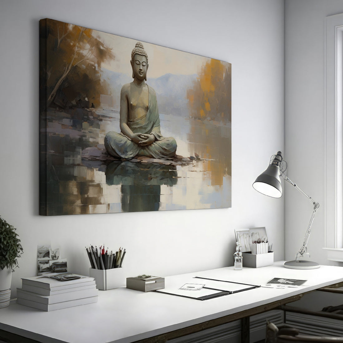 Framed canvas print of a serene Buddha in meditation with a reflective water landscape and autumnal trees