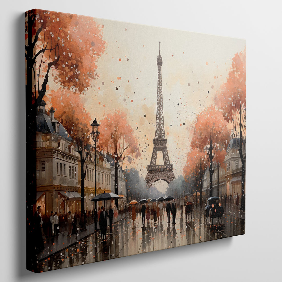 Framed canvas print of a picturesque Paris street scene with the Eiffel Tower in autumn, featuring vibrant warm colours and impressionistic style