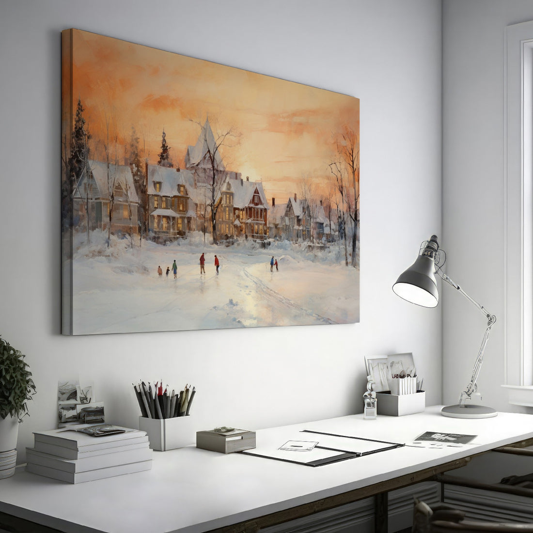 Framed canvas print of a snowy Victorian village at sunset with people ice skating