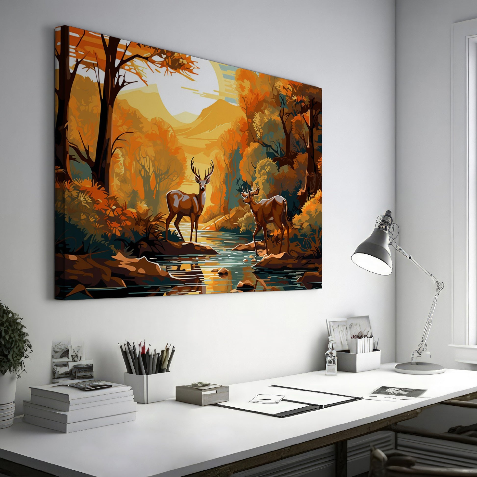 Digital painting of two stags by a river in an autumn forest with a sunset in the background