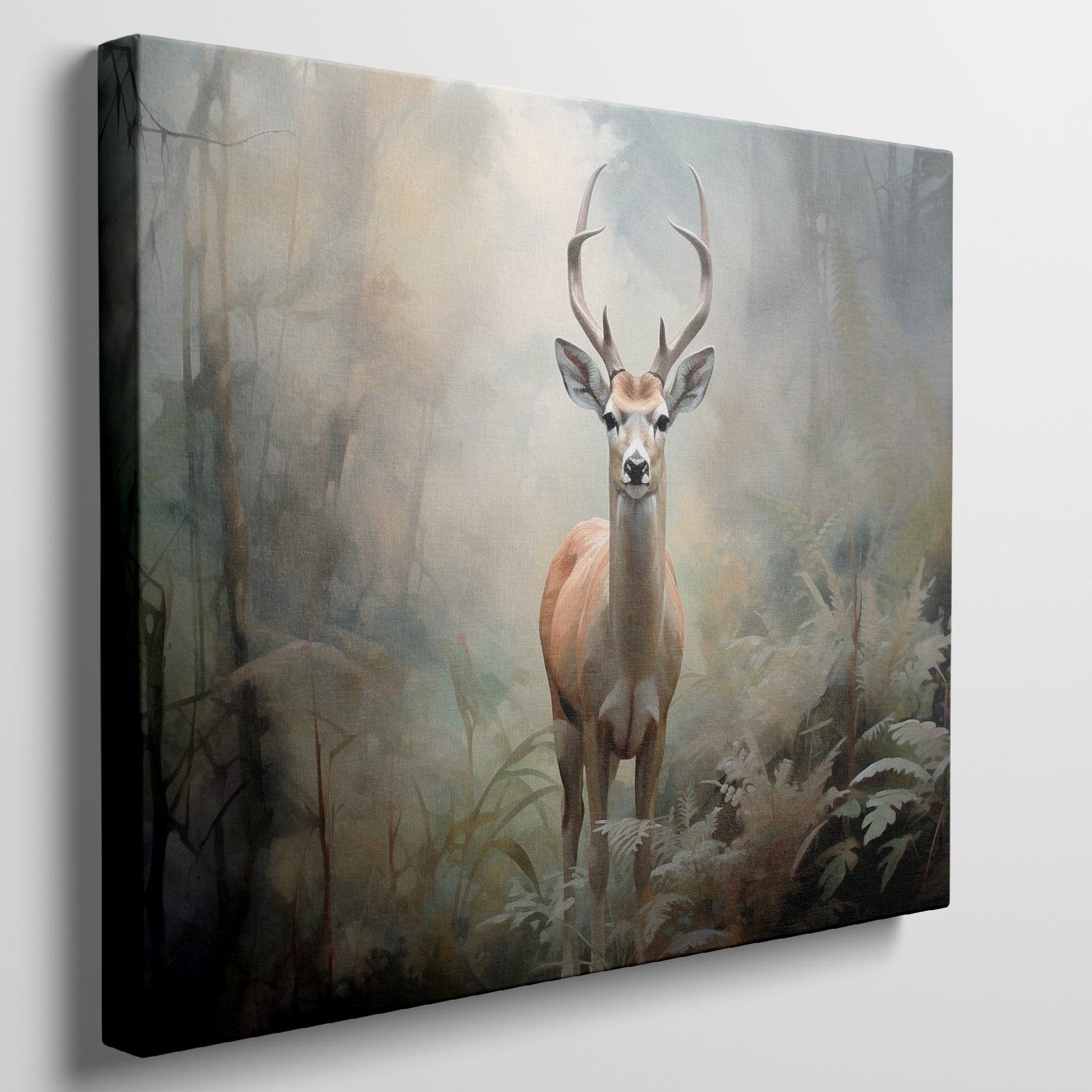 Framed canvas print of a majestic stag in a misty forest setting