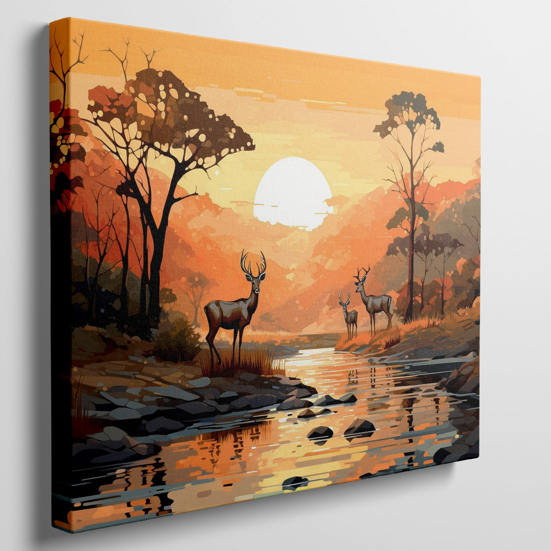 Illustrated woodland scene with deer by a river at sunset in orange and brown tones.