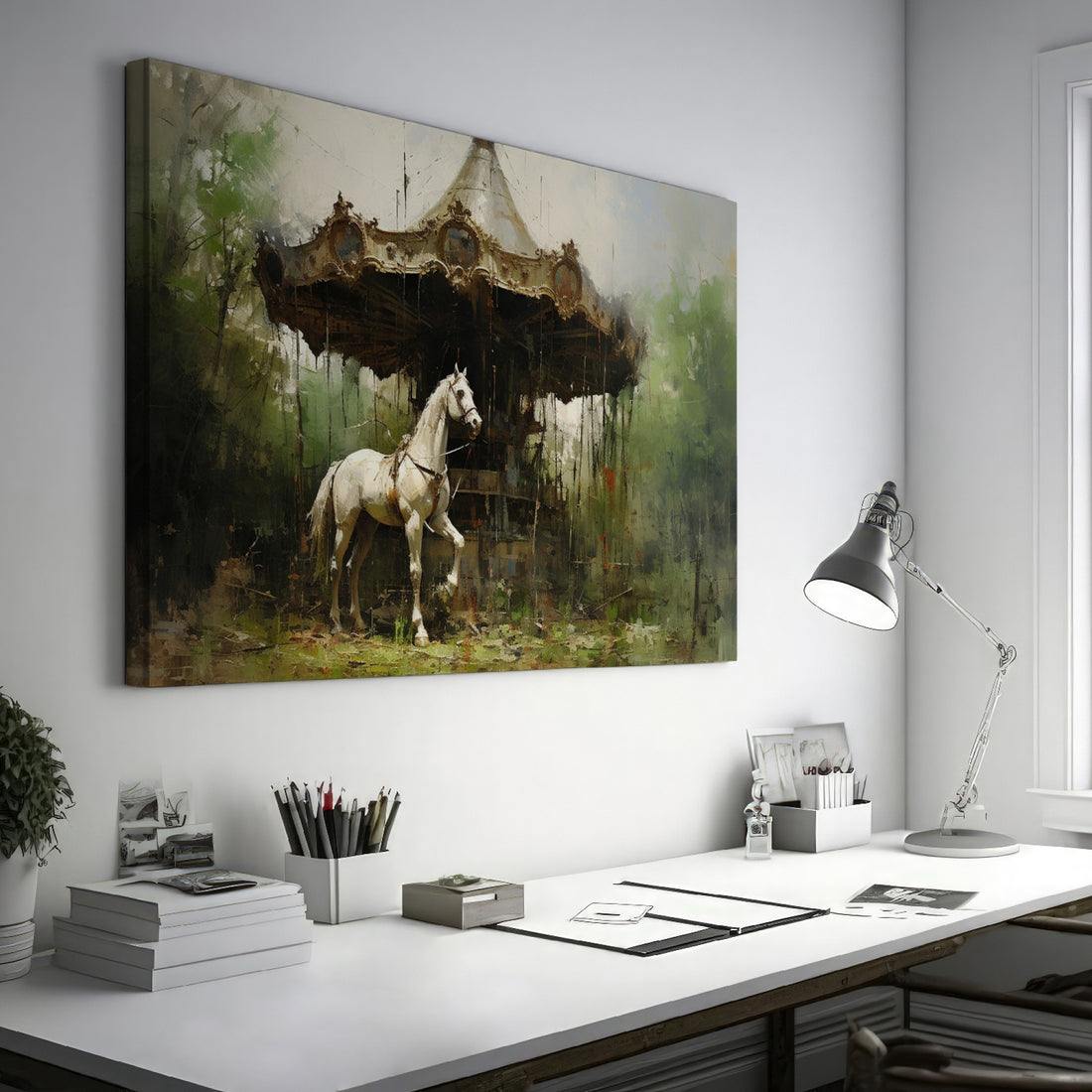 Framed canvas print of a nostalgic vintage carousel horse infront of a forgotten carousel