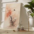 Abstract watercolor painting of a tree with red highlights and a bird in flight on a beige background