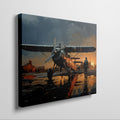 Framed canvas print of a vintage biplane at sunset with pilot walking and the aircraft's reflection on the wet ground