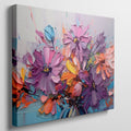 Framed canvas print of vibrant botanical impasto, with textured flowers in bright colours