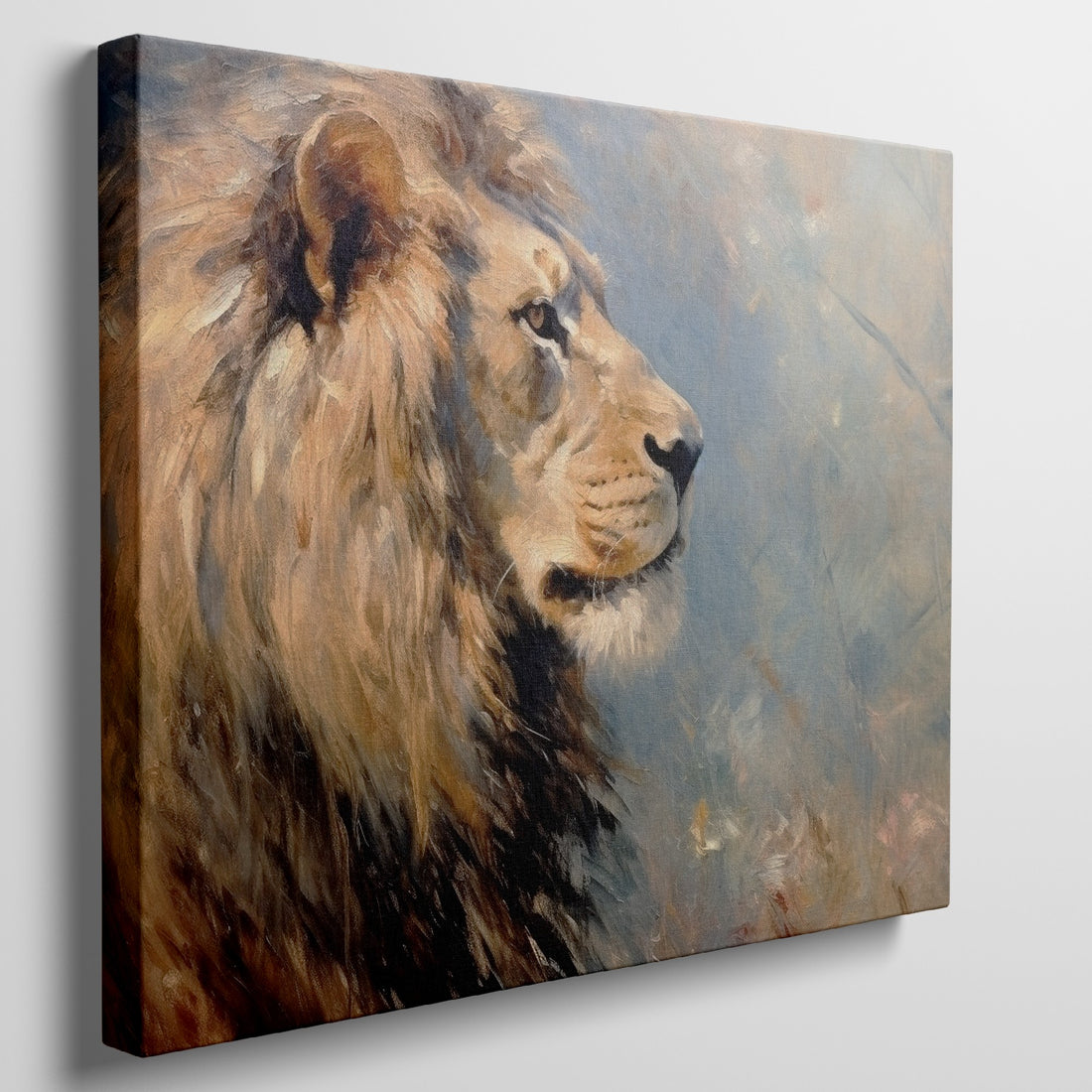 Impressionist painting of a lion's profile with a blend of warm brown and beige tones on a textured background