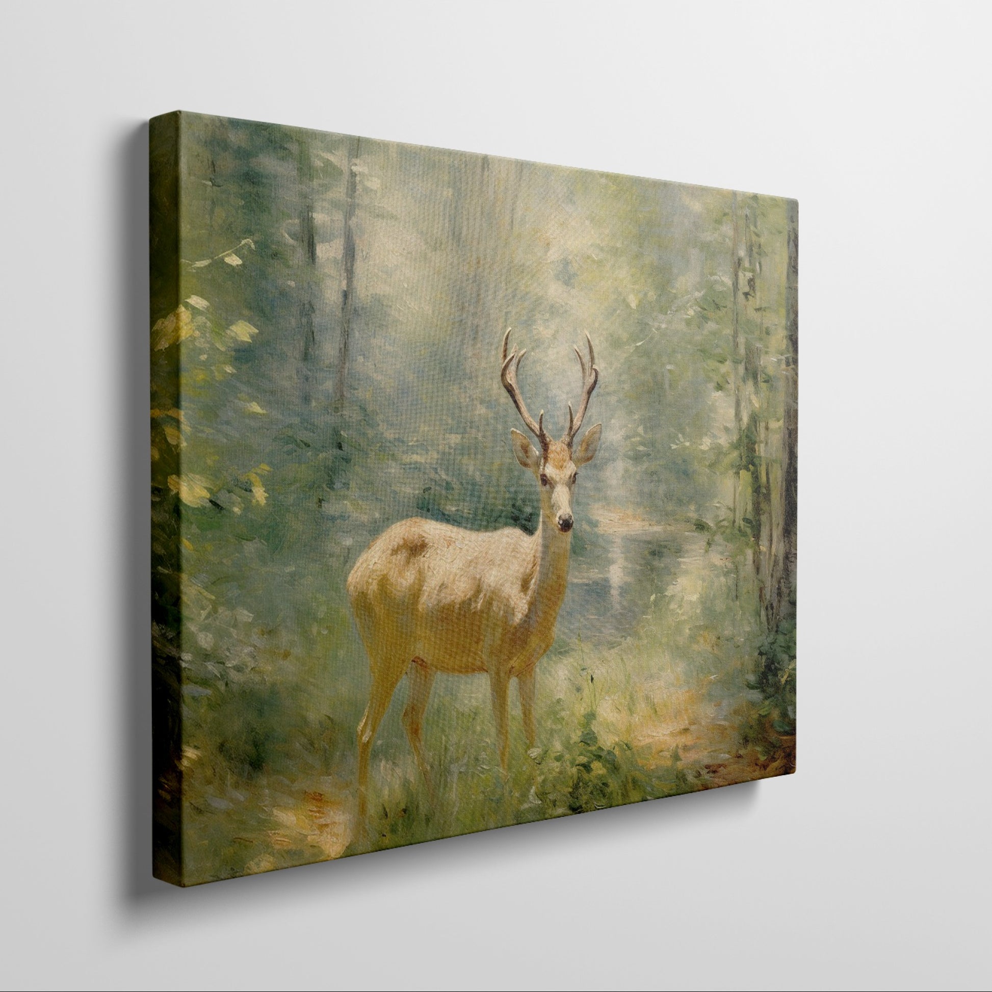 Framed canvas print of an Impressionist-style painting depicting a deer in a luminous, green forest