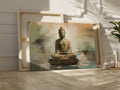 Framed canvas print of a serene Buddha on a lotus throne with an abstract background