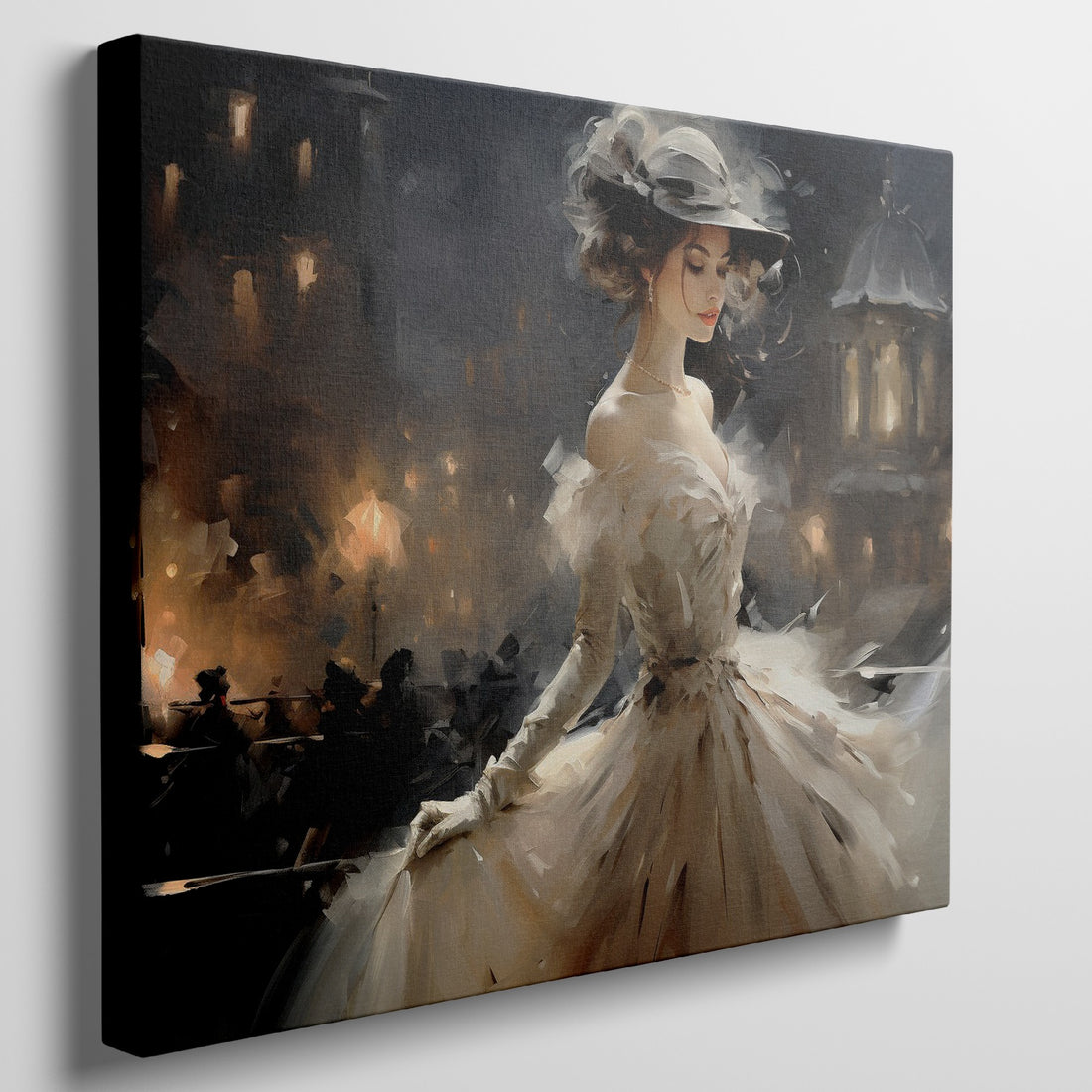 Framed canvas print of an elegant Victorian lady in a dress with Parisian night background