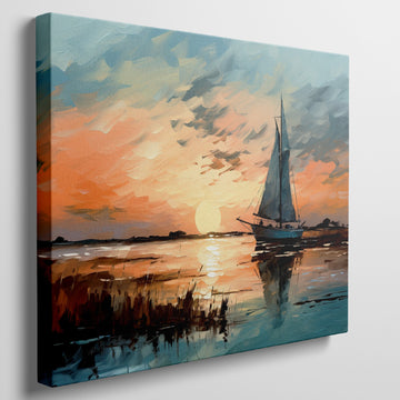 Framed canvas print of an impressionist painting depicting a sailboat at sunset with vibrant oranges and blues