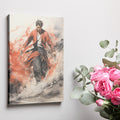 Framed canvas print of a dynamic Samurai in traditional red and black attire with expressive brush strokes