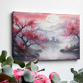 Framed canvas print of Oriental landscape with cherry blossoms and pagoda