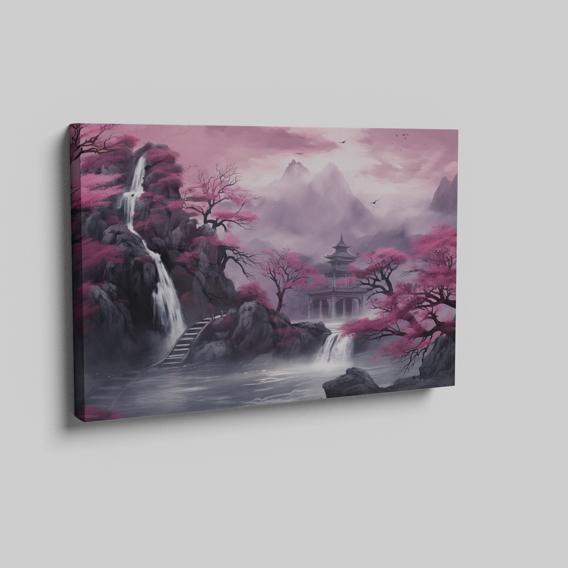 Framed canvas print of a misty oriental landscape with cherry blossoms and pagoda