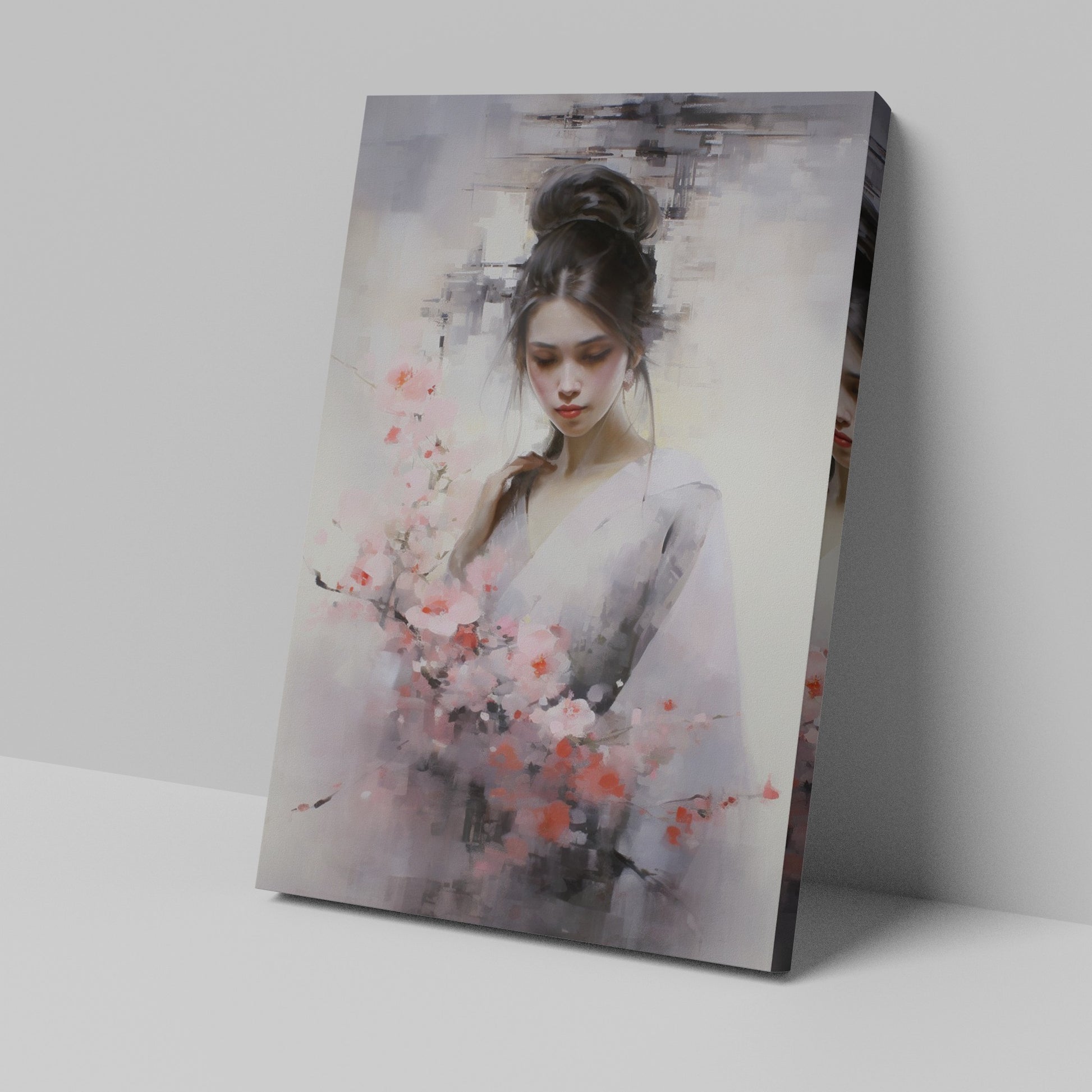 Framed canvas print of an elegant figure with cherry blossoms in soft pastel tones