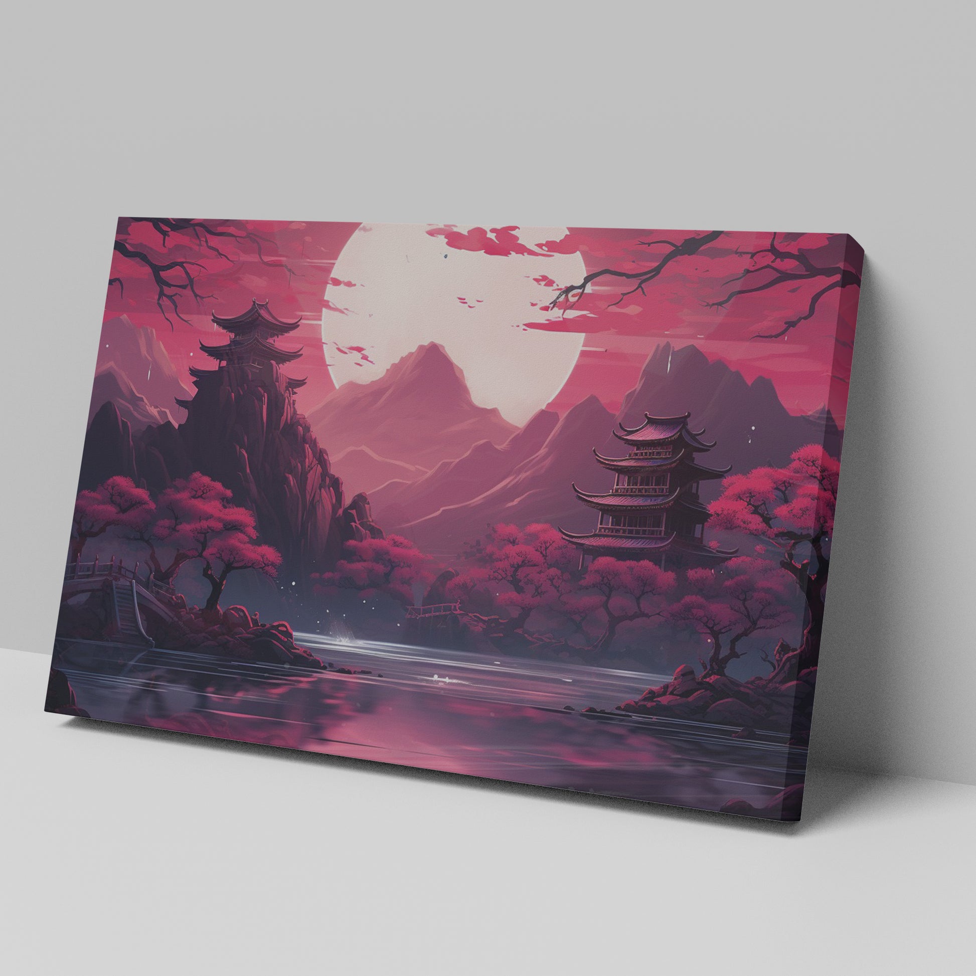 Framed canvas print of Oriental landscape with pagodas, cherry blossoms, and a full moon