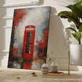 Framed canvas print of a London red telephone box with abstract splatter textures in shades of red, grey, and black