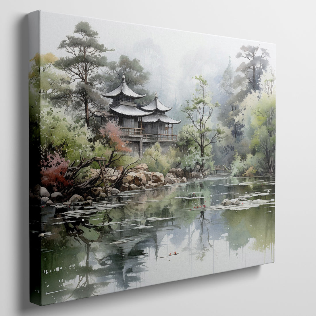 Framed canvas print of an Asian landscape with traditional pagoda and serene lake