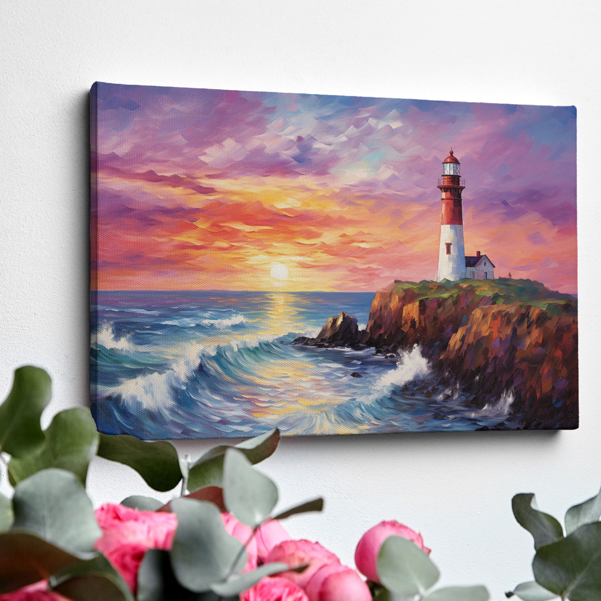 Impressionist painting of a lighthouse at sunset with vibrant red and blue tones and dynamic waves