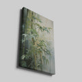 Modern realist painting of a tranquil bamboo grove with varying tones of green and subtle hints of yellow.