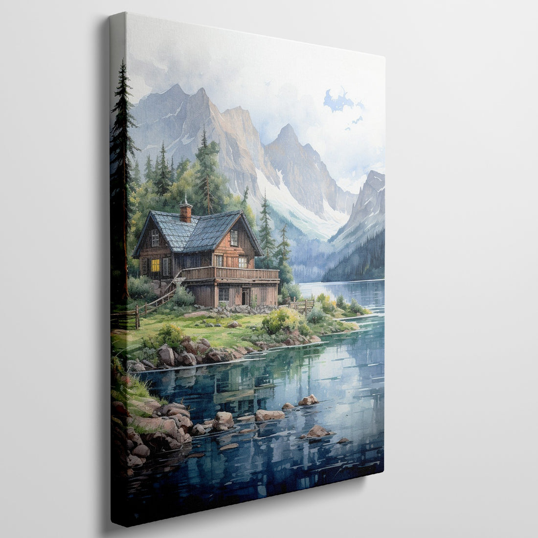 Framed canvas print of a serene lake cabin with mountain backdrop