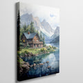 Framed canvas print of a serene lake cabin with mountain backdrop