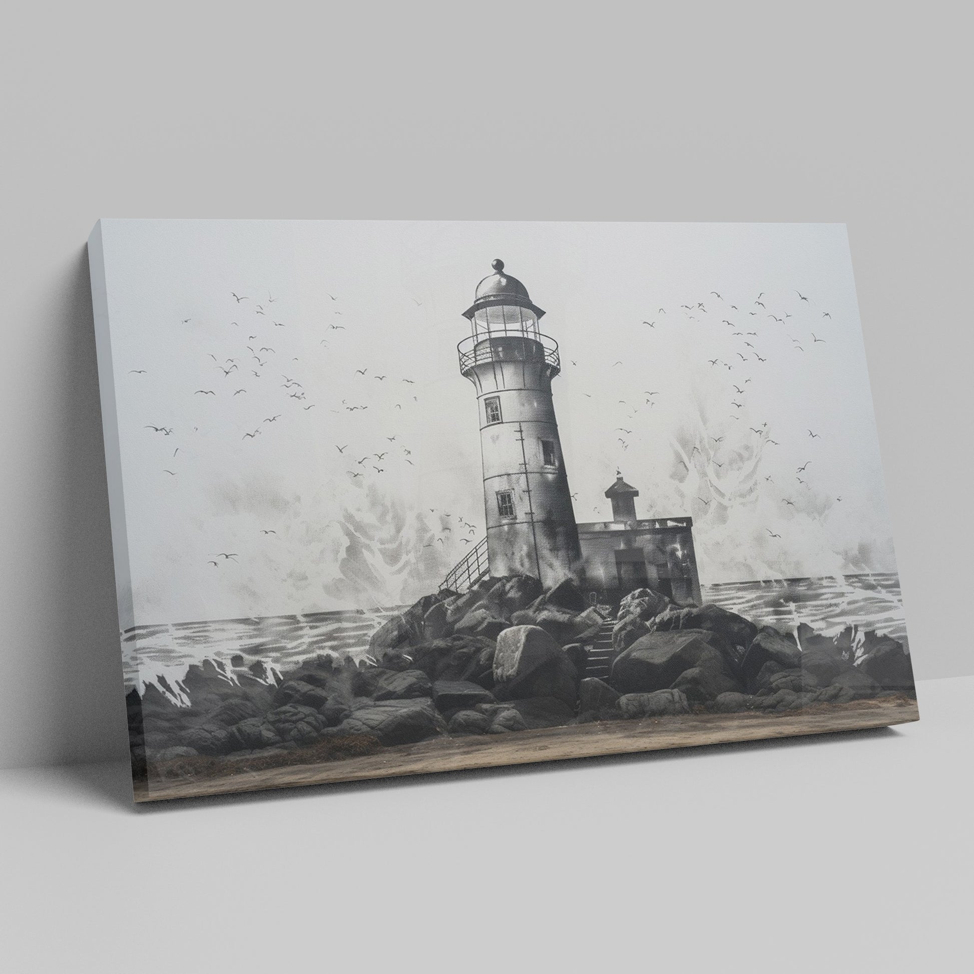 Framed canvas print of a monochrome lighthouse and seagulls on a rocky coastline