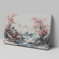 Framed canvas print of Oriental landscape with cherry blossoms and pagoda