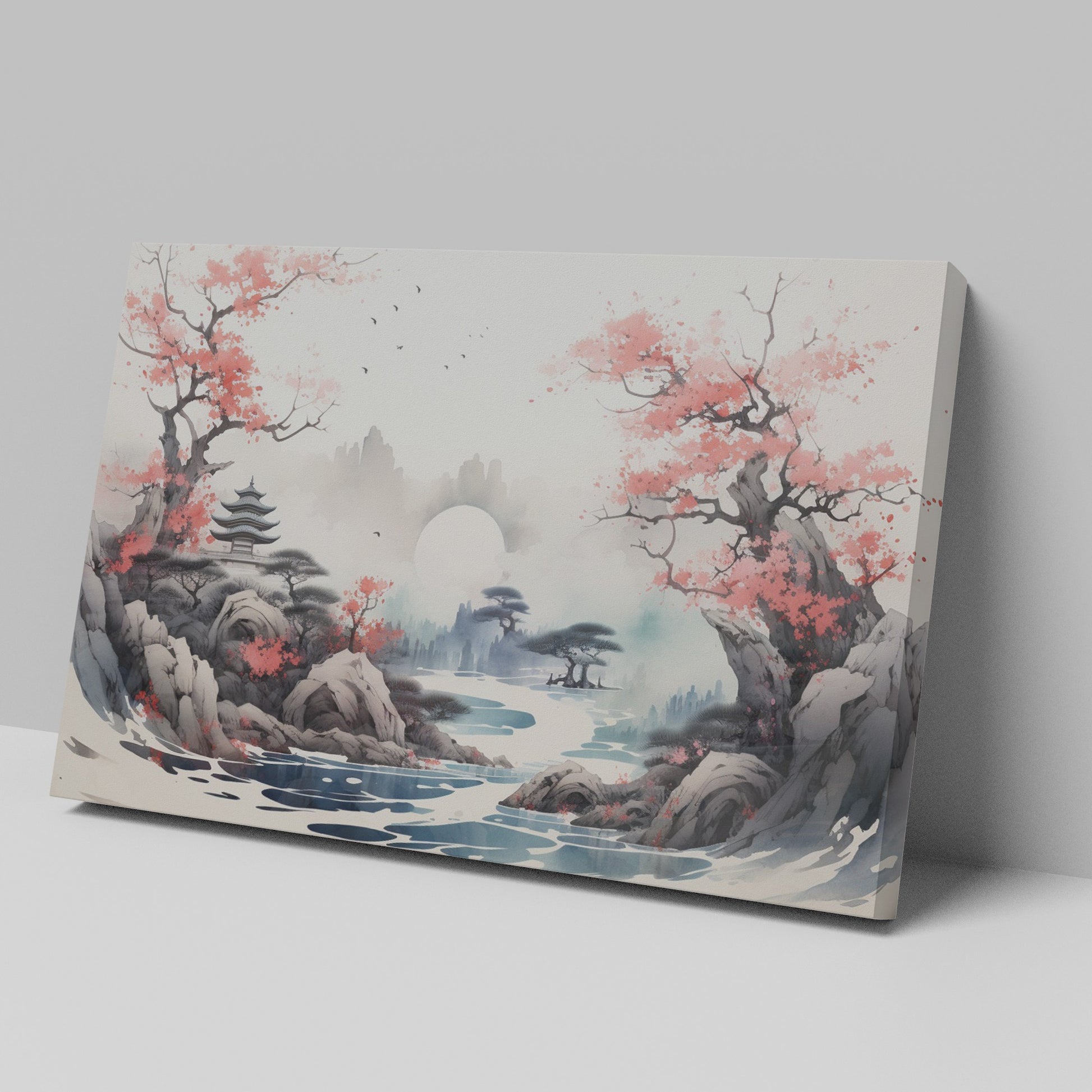 Framed canvas print of Oriental landscape with cherry blossoms and pagoda