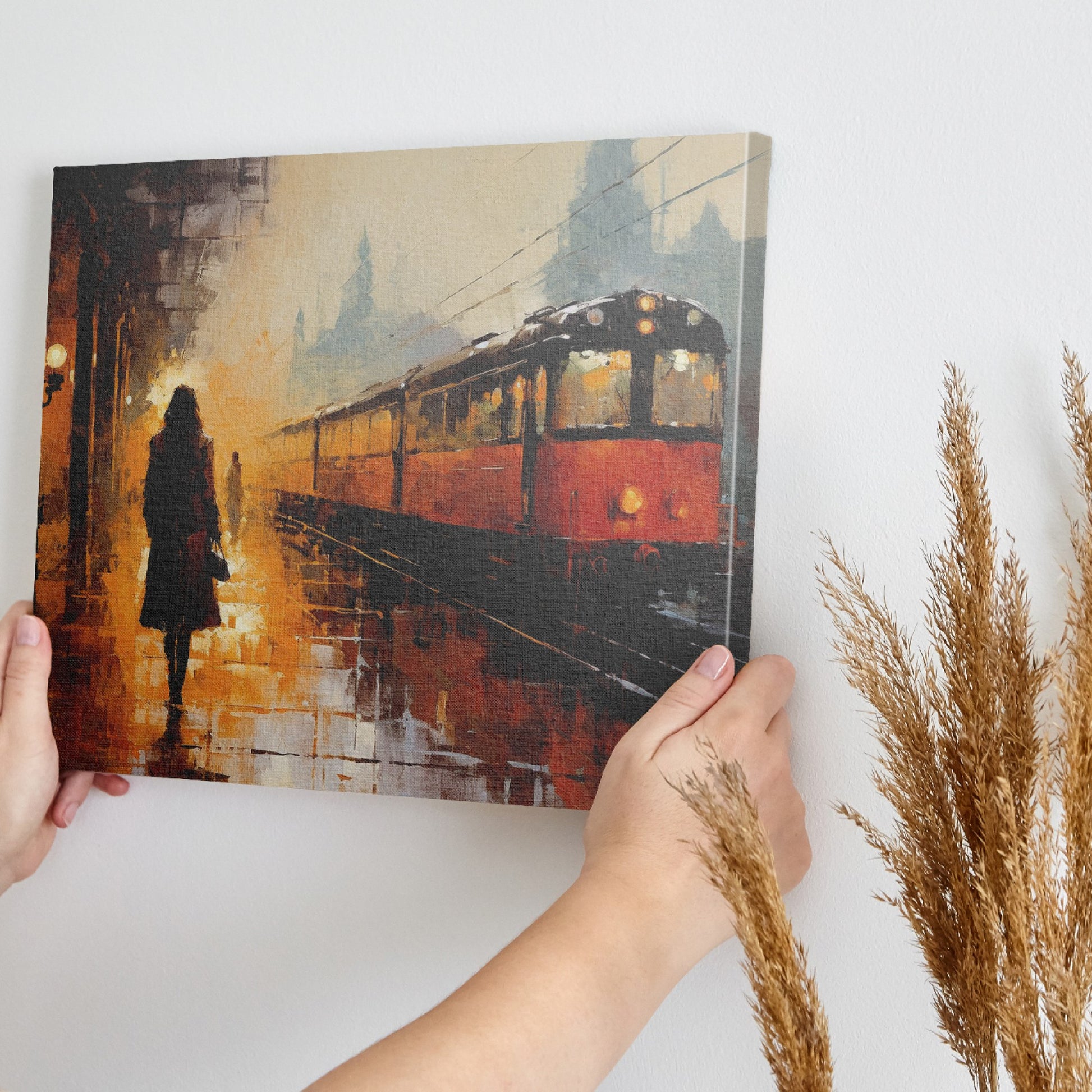 Framed canvas print of an abstract evening train station scene with golden hues and a glowing train