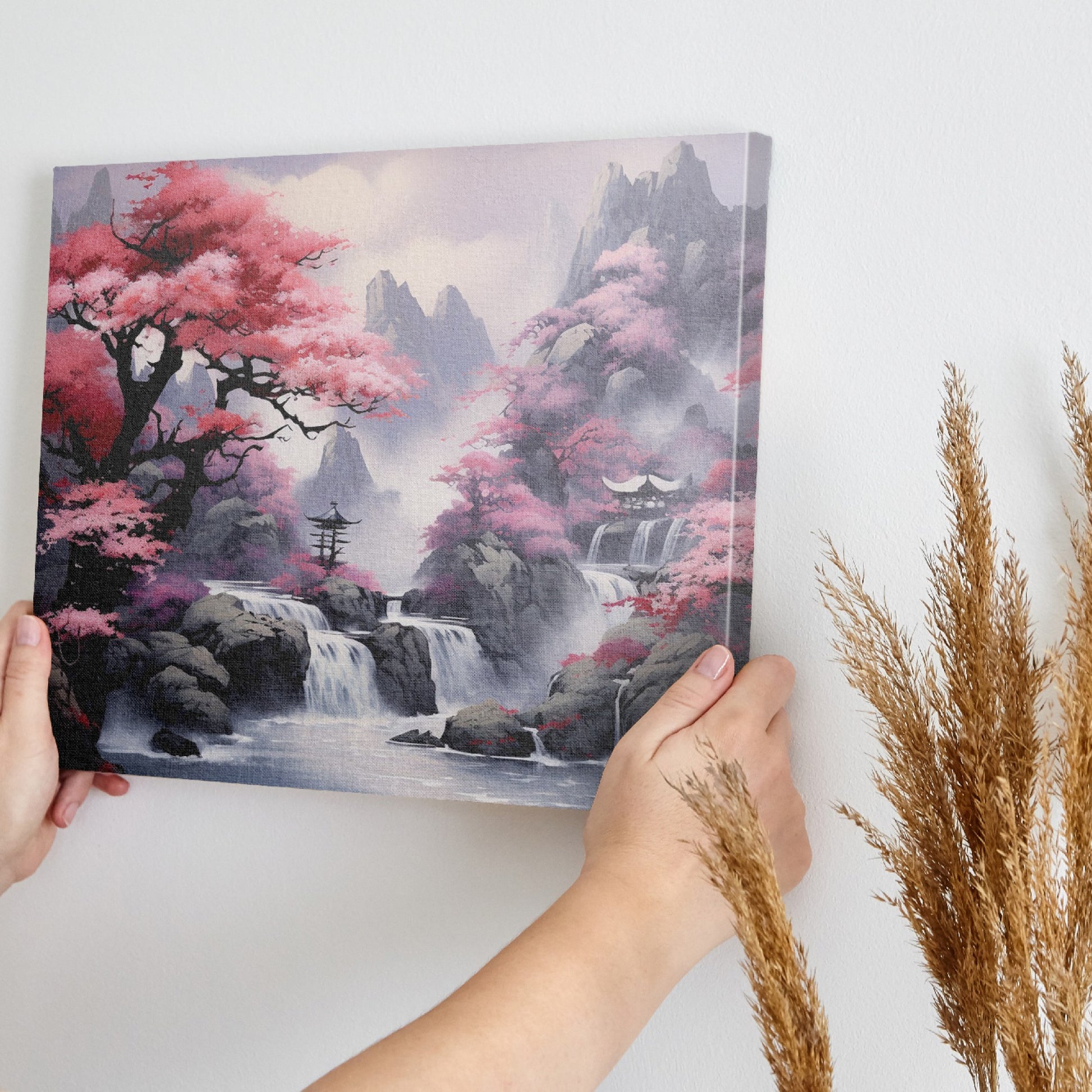 Framed canvas print of a mystic Eastern landscape with cherry blossoms and a mountain waterfall