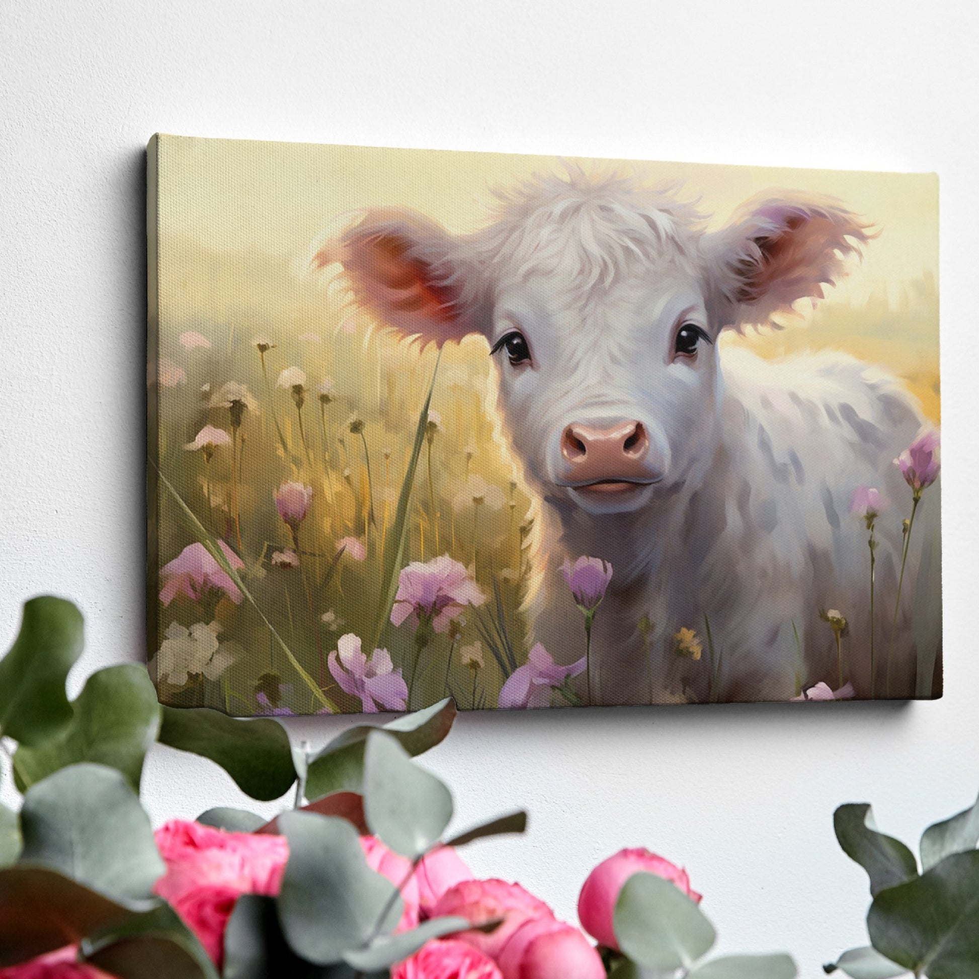 Framed canvas print of a realistic calf in a meadow with pink and yellow flowers