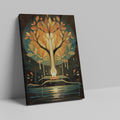 Stylized candle with a tree formation surrounded by autumn leaves against a dark background