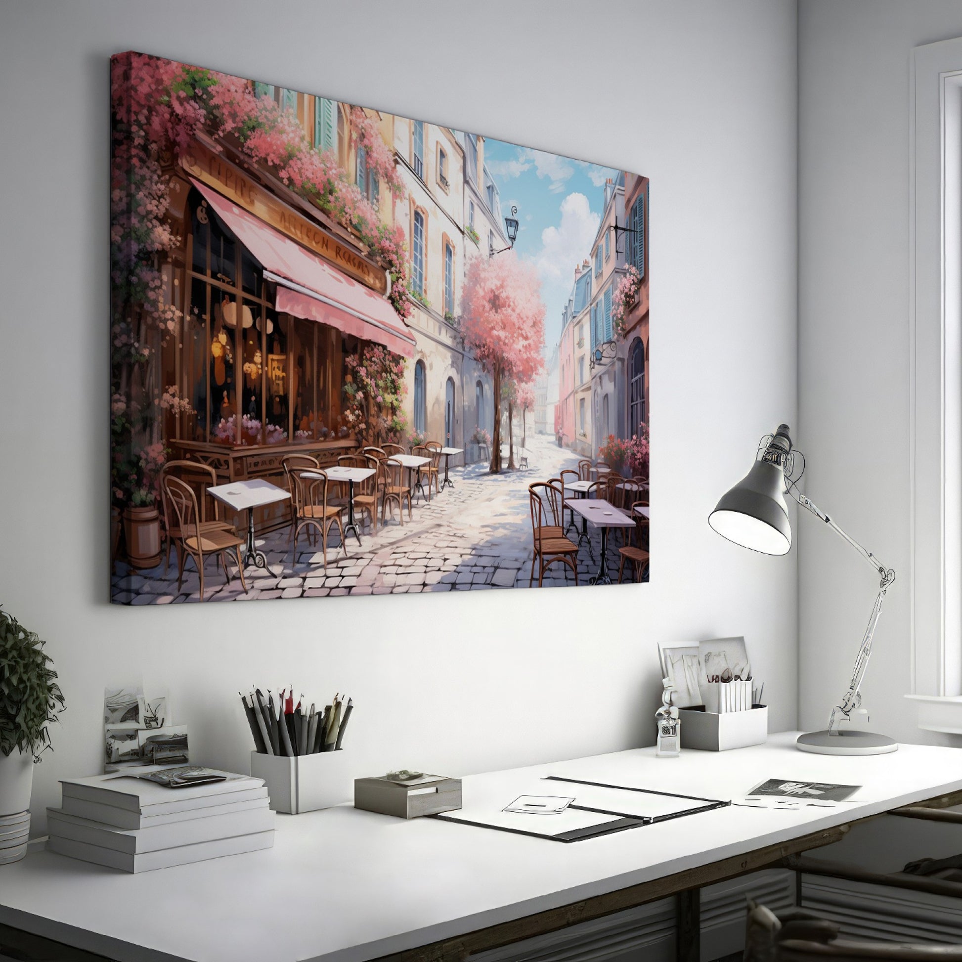 Framed canvas print of a picturesque Parisian alley with cherry blossoms and a street cafe scene in springtime