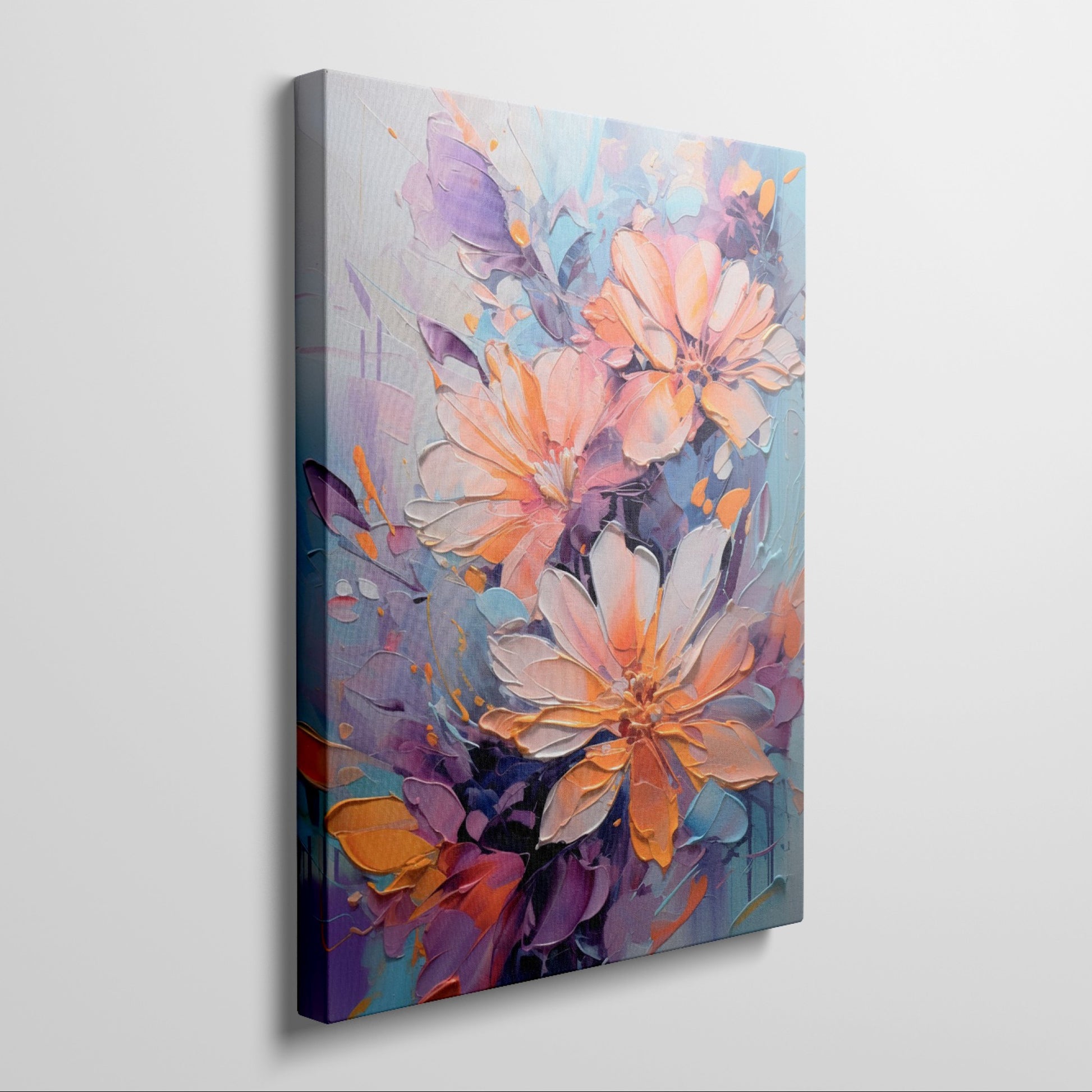 Framed canvas print of vibrant, textured impasto flowers in bright orange, purple, and blue hues