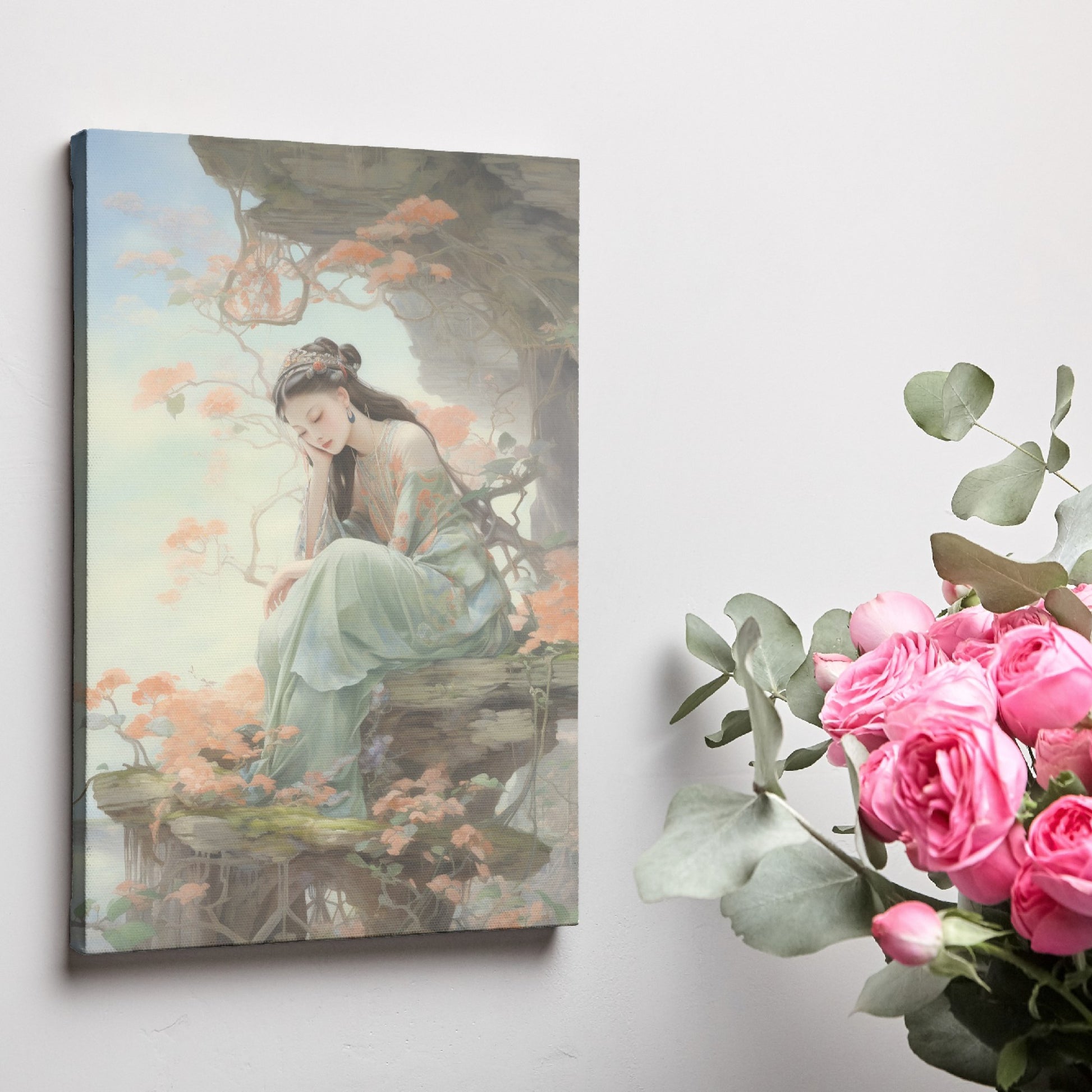 Elegant portrait of a woman in traditional attire sitting amidst orange blossoms with soft pastel background