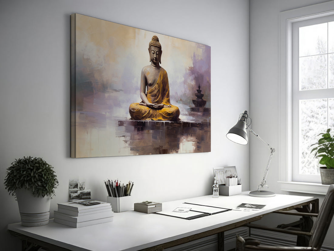 Framed canvas print of a meditative Buddha figure in golden and beige tones with a serene abstract background