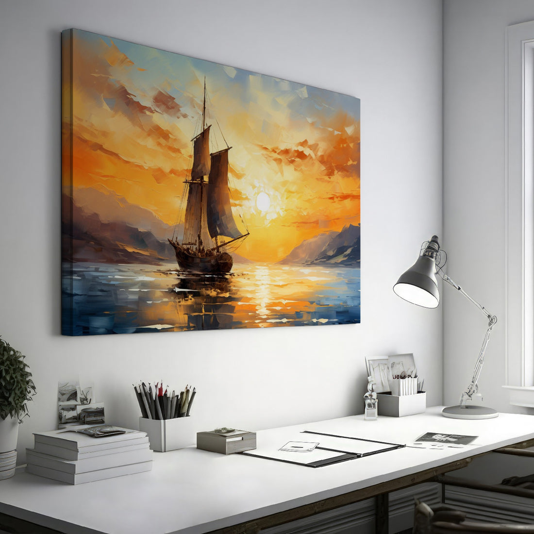 Impressionistic painting of a sailboat sailing at sunset with orange and blue skies reflected in the water