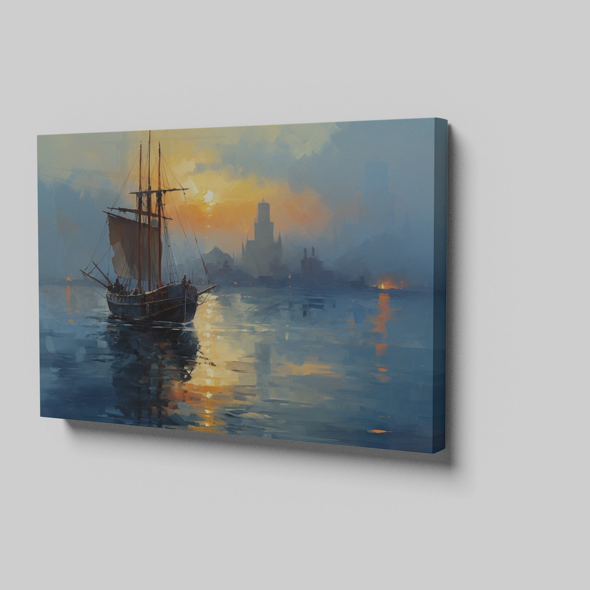 Impressionist Canvas Print of a Sailing Ship at Sunset with Golden and Blue Hues