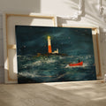 Framed canvas print of impressionist oceanic artwork featuring a bright lighthouse and a red boat in a stormy sea