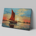 Impressionist style painting of a sailboat with a red sail on calm waters at sunset with vibrant blue and orange sky