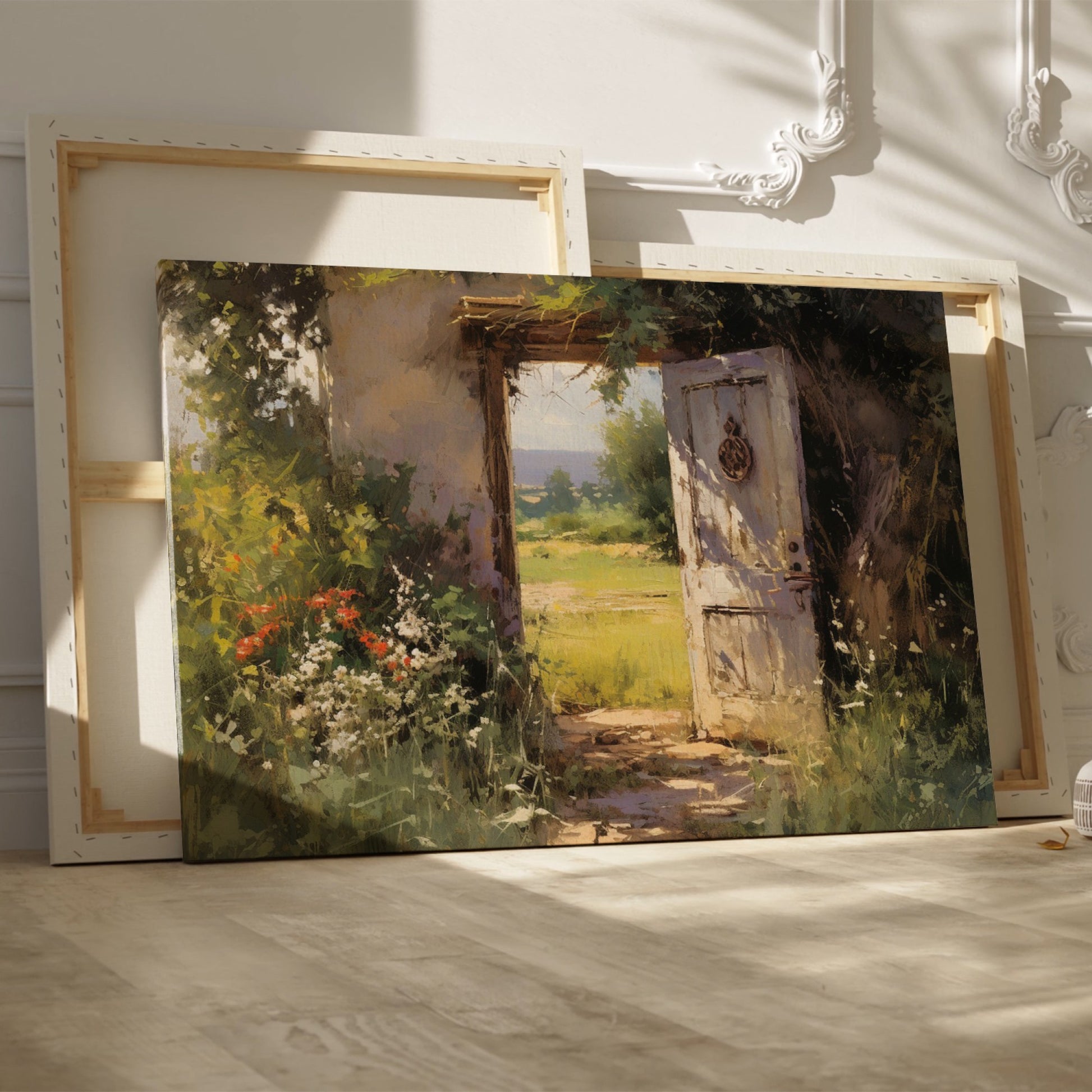 Framed canvas print of a vintage impressionist painting featuring a rustic doorway with blooming wildflowers leading to sunny countryside