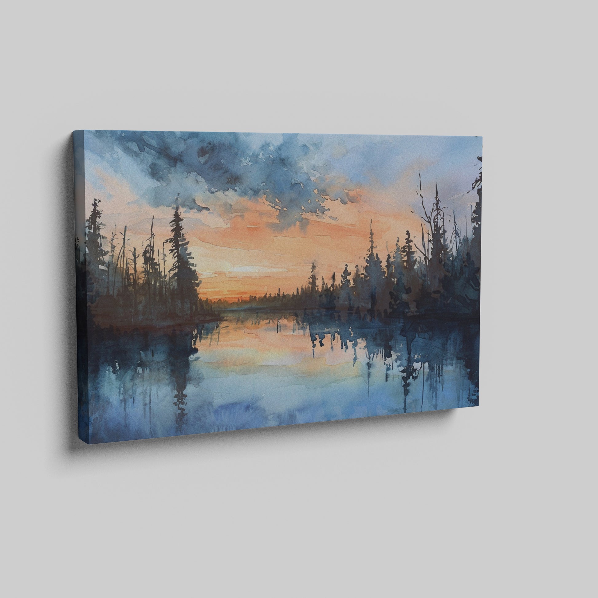 Framed canvas print of a tranquil watercolor landscape depicting a serene lakeside at sunset with reflections of woodland