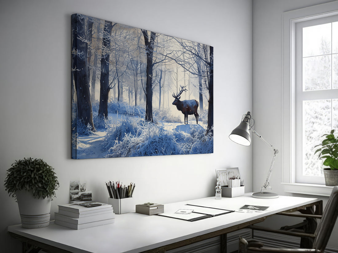 Framed canvas print of an elk in a snowy forest with blue-tinted trees