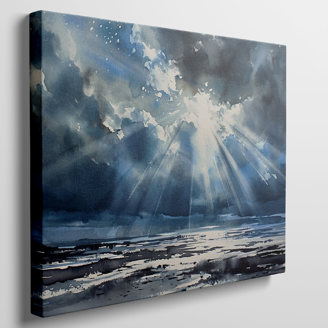 Watercolor canvas print of sunbeams shining through clouds onto the ocean