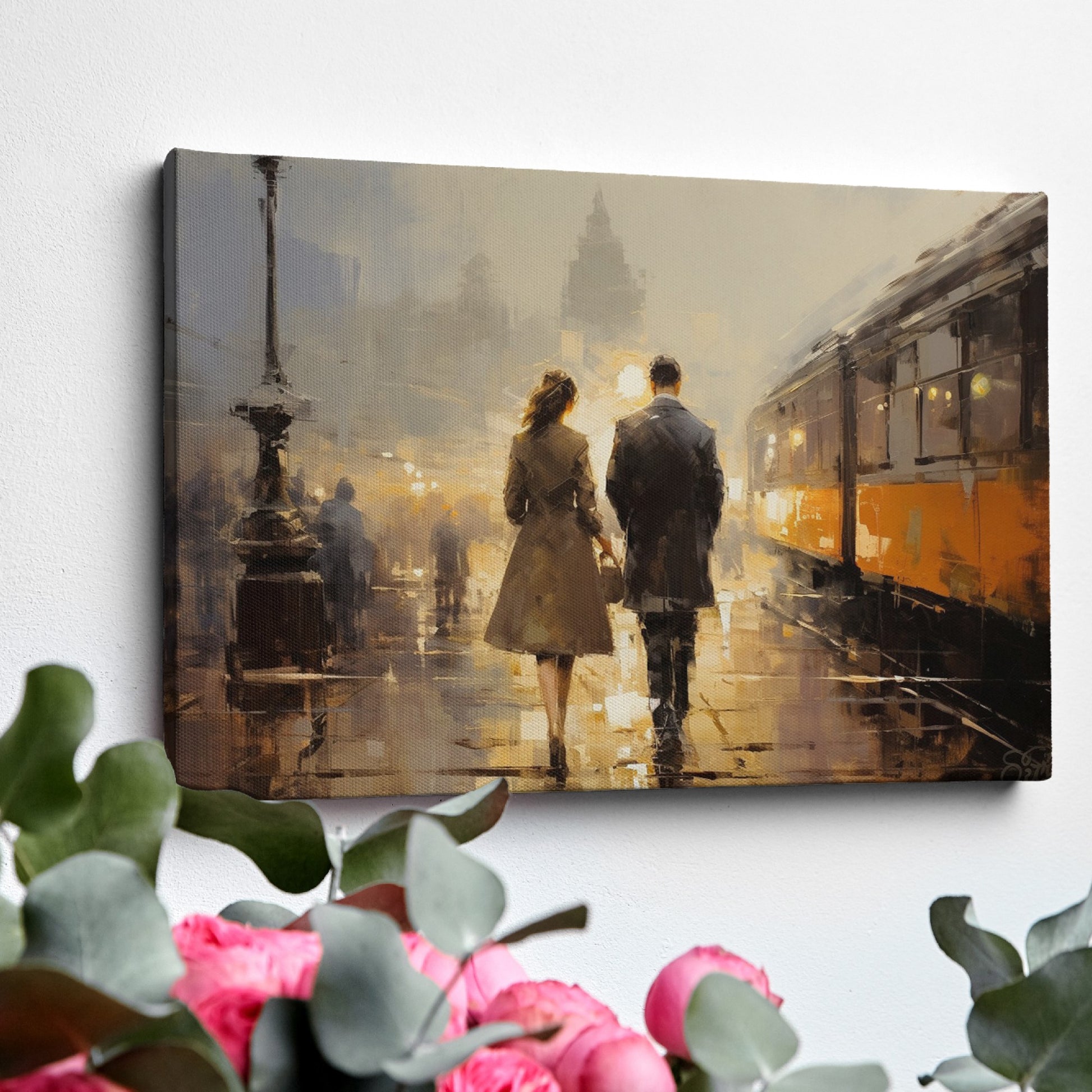 Framed canvas print of a couple's evening city walk with reflections and warm light tones